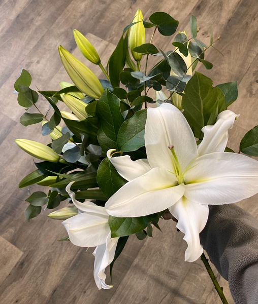 Classic, stylish and modern our Just Lilies Bouquet with mixed foliage is a standout arrangment in a gift bag of white. Order online for next day delivery.