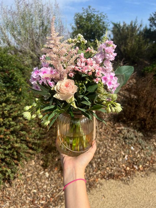Florist Choice Jam Jar Vase Arrangement. Seasonal Flowers Order online for your next day flower delivery. Bishops Stortford