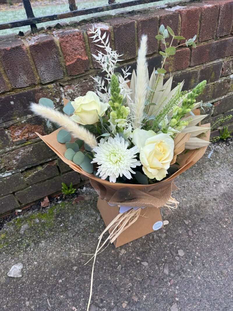 Fresh and Dried Flower Bouquet. Wrapped in brown paper and gift box. Order online for your next day flower delivery. Bishops Stortford