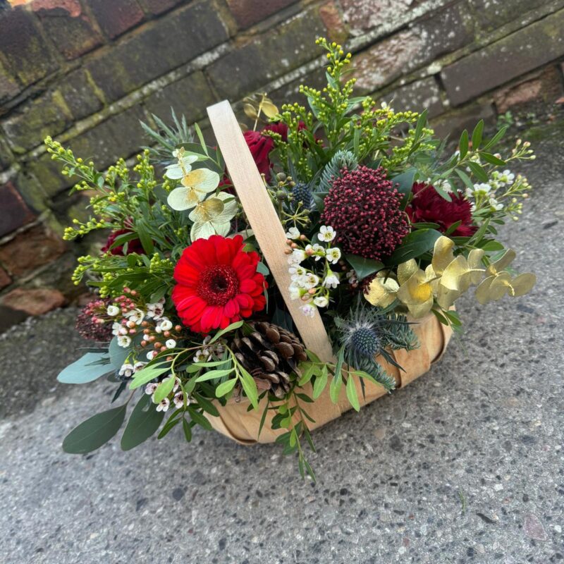 Joy basket arrangement. Spread some Christmas joy. Order online for your next day flower delivery. Bishops Stortford