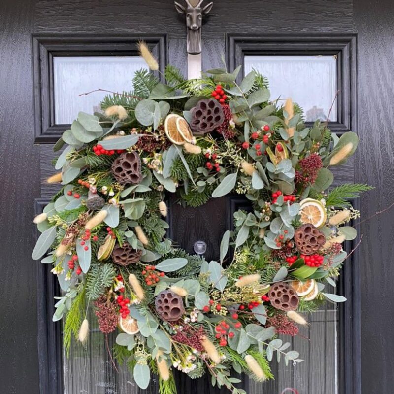 Wonderland Christmas Wreath. So much in this wreath creating a luxury look for Christmas. Order online for your next day flower delivery. Bishops Stortford