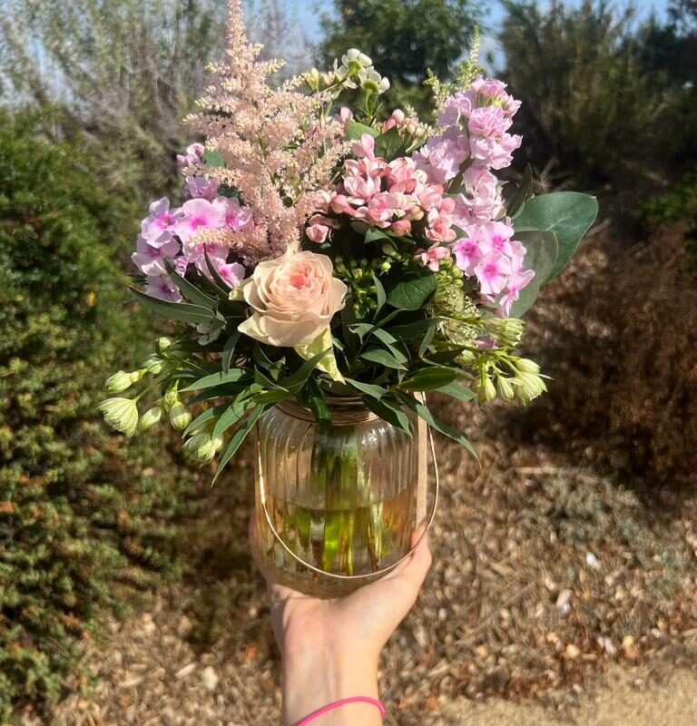 Florist Choice Jam Jar Vase Arrangement, seasonal flowers arranged by talented florists. Order online for your next day flower delivery. Bishops Stortford