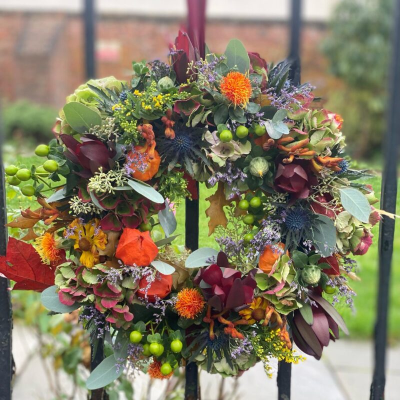 Follow the trend with this beautiful Autumnal Wreath hanging on your door. Order online or visit our shop in Bishops Stortford