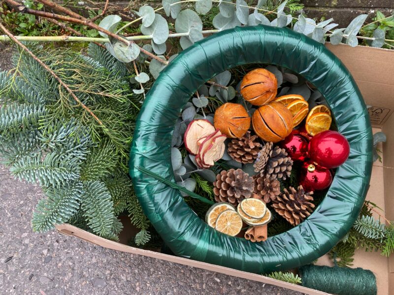 Christmas Wreath Making Kits. Create your own Christmas Wreath instructions. Pre-Order only. Can be delivered or pick up from our shop in Bishops Stortford