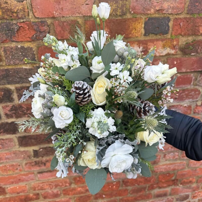 Snow Christmas Flower Bouquet, fresh and elegant, perfect for the holiday season. Order online for your next day flower delivery. Bishops Stortford