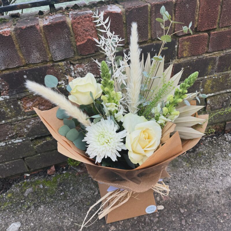 Fresh & Dried Flower Bouquet, a combination of fresh and dried ivory flowers. Order online for your next day flower delivery. Bishops Stortford