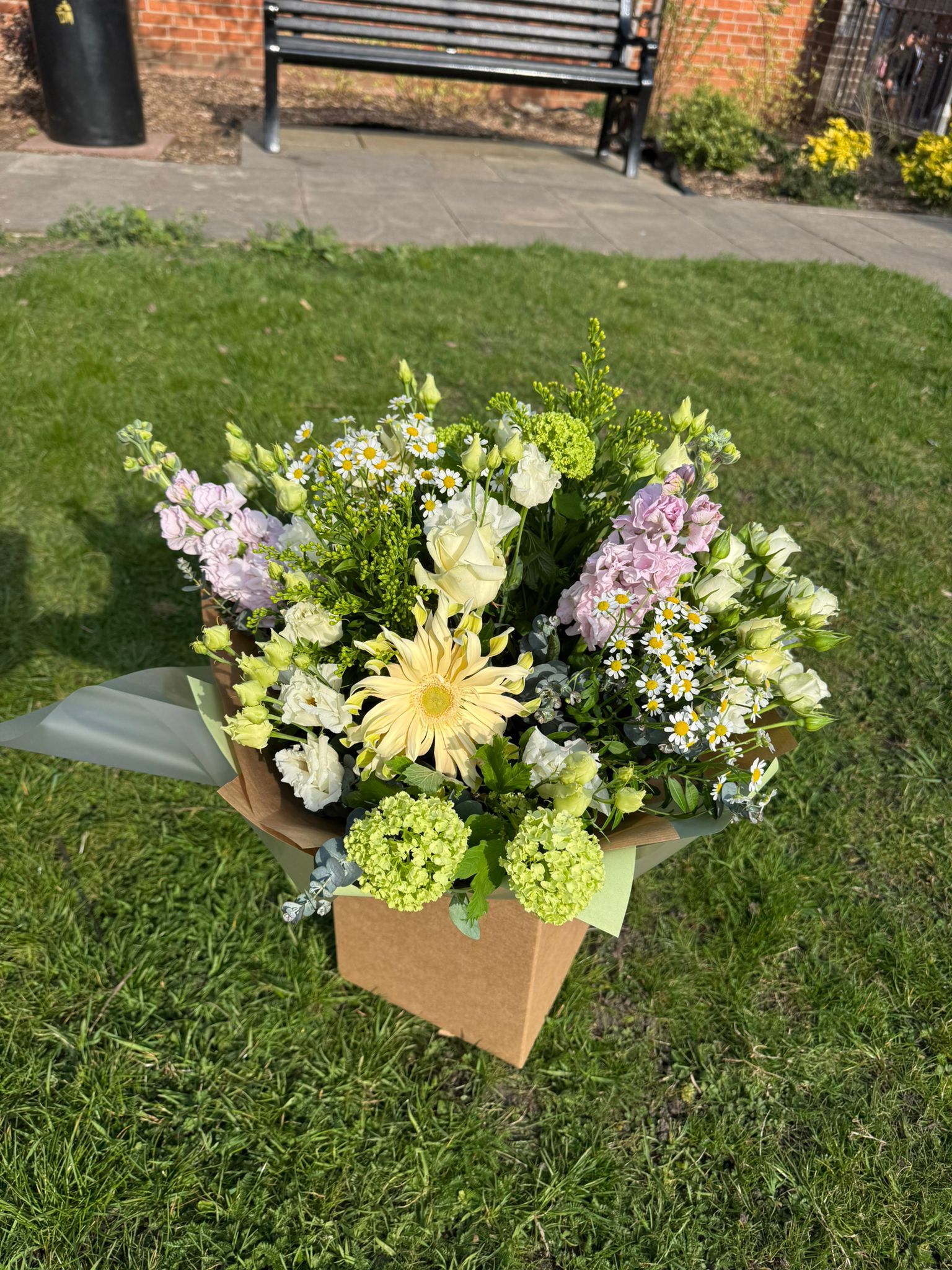 Cottage Blush, blush, lemons and green flowers make up this bouquet. Order online for your next day flower delivery. Bishops Stortford